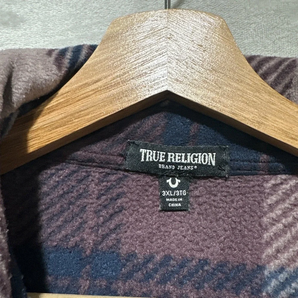 TRUE‎ RELIGION Plaid Polar Fleece Shacket Jacket Snap Button Men's Size 3XL